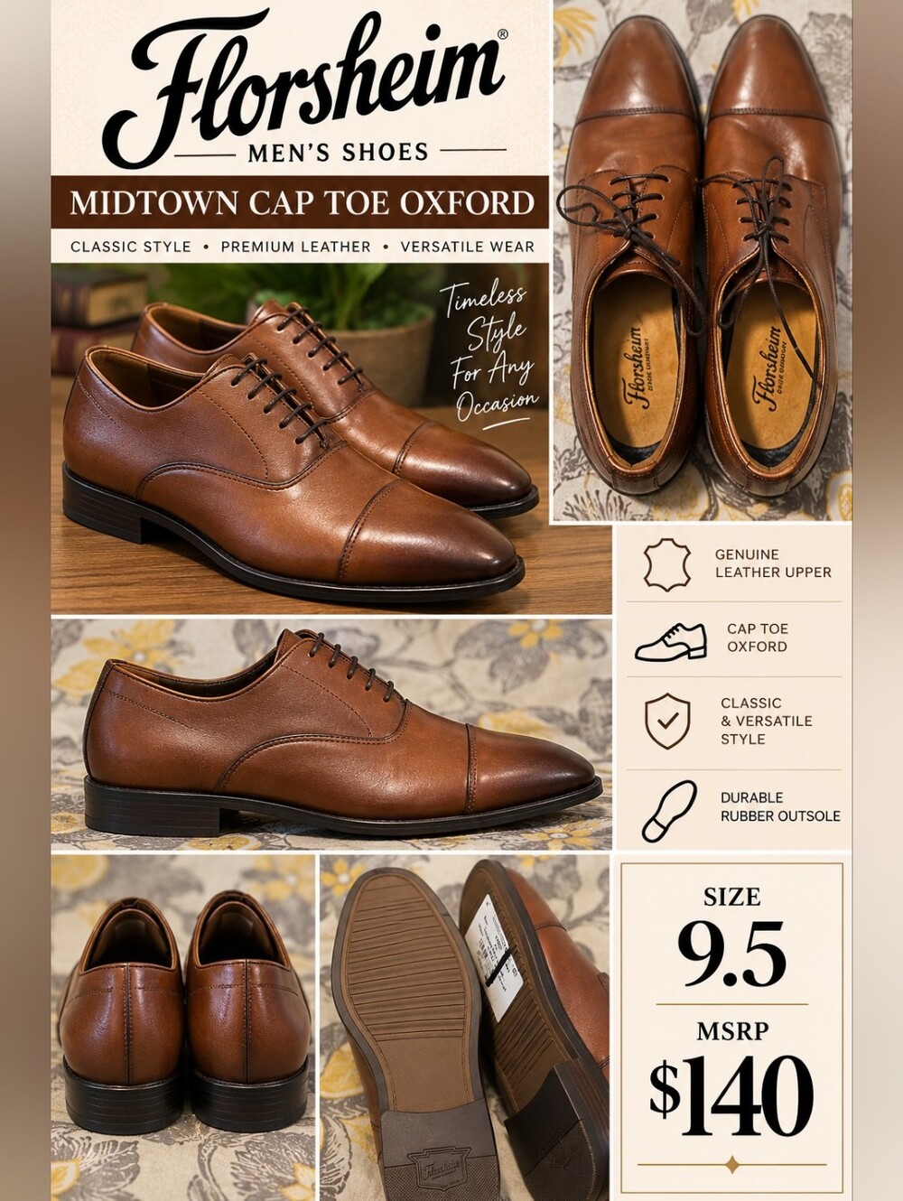 Florsheim Brown Midtown Cap Toe Oxford Dress Shoes - NWOB
